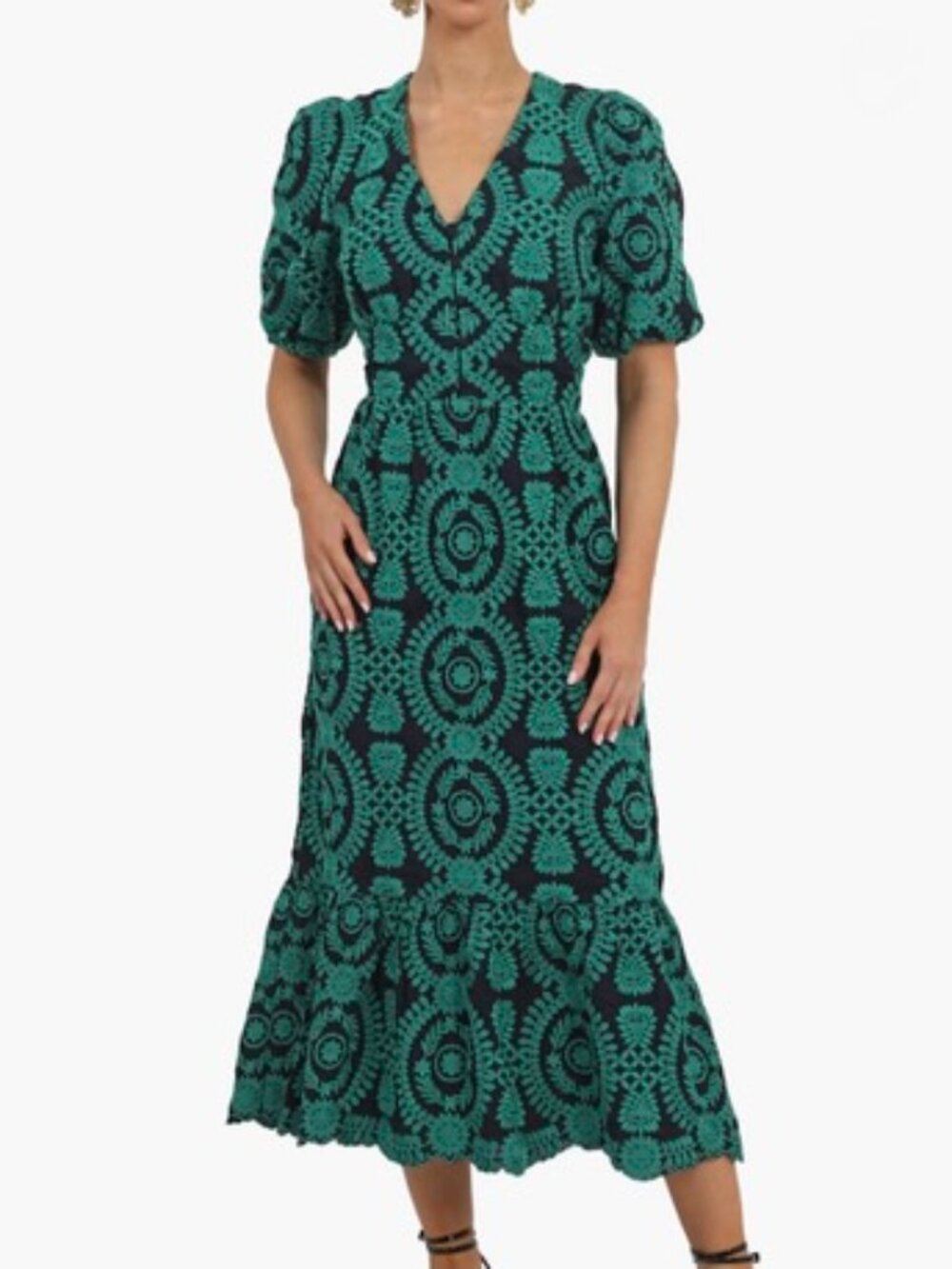 NWT Adelyn Rae Luisa Embroidered Midi Dress Size M - Green & Navy